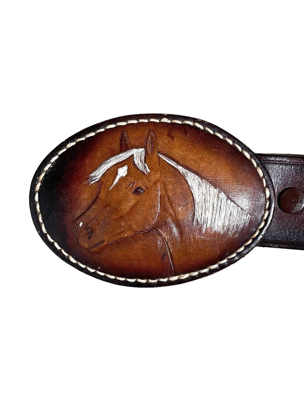 Handmade Hand Tooled Horses Western Cowboy Brown Leather Belt XS